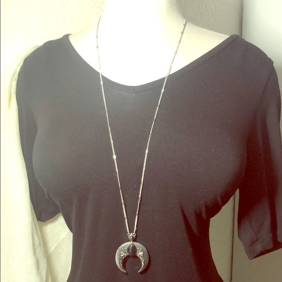 Silver Necklace Crescent Pendant & Black Stone